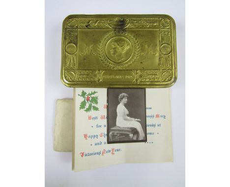 A Princess Mary 1914 gift tin together with greetings card and portrait photograph