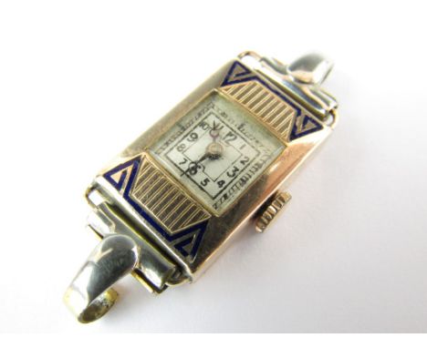 A 1920s lady's gold cased wrist watch, having a Swiss made 17 jewel movement, square engine turned and silvered face with Ara