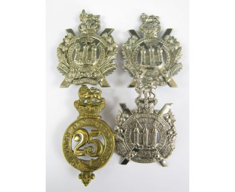 A 25th of Foot glengarry badge and three pre-1901 KOSB glengarry badges / helmet plate centres