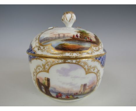 A Meissen small covered box, of oblate form, the lid finial modelled as a sprig, decorated with hand enamelled coastal vignet