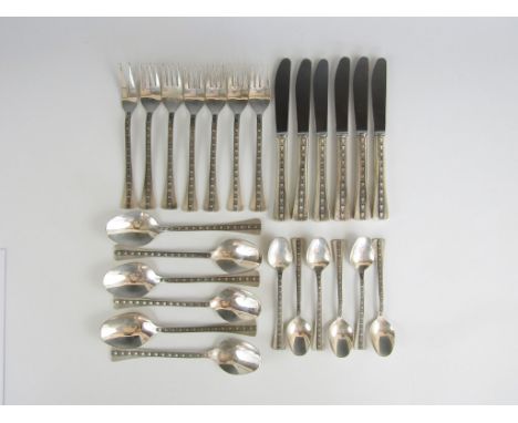 A suite of Soviet Russian 916 standard silver cutlery comprising six settings of table forks, knives and spoons, with tea spo