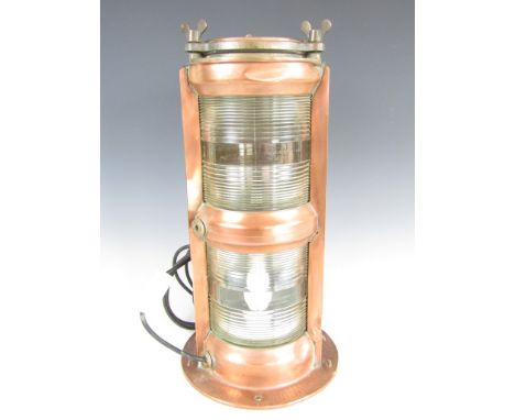 A GB Seahorse trademark copper marine stern lamp, wired as a table lamp, 50 cm high