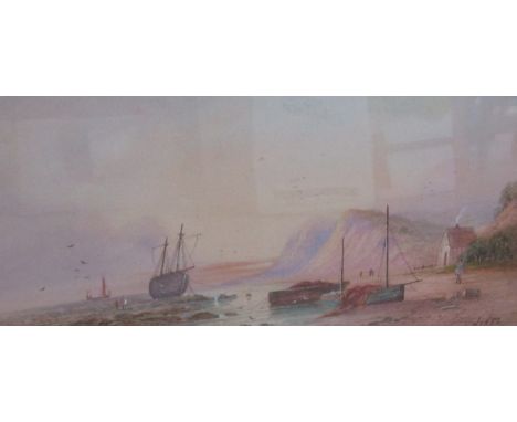 L*** Hines (British, 19th Century) Continental shoreline scene, with beached sailing boats and solitary figures under the pin
