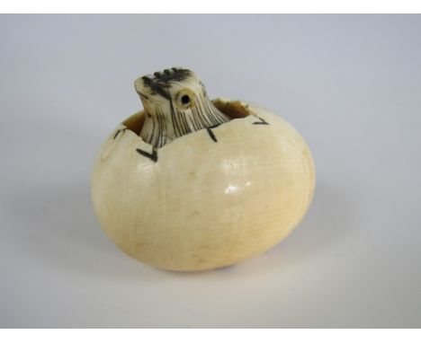 A signed late Meiji / Taisho Japanese ivory netsuke modelled as a chick hatching from an egg