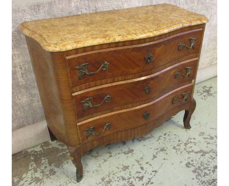COMMODE, early 20th century French tulipwood with a serpentine fronted sienna marble top above three long drawers on short ca