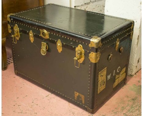 TRAVELLING TRUNK, early 20th century brass bound by Belber with hinged top, 60cm H x 92cm x 55cm. (with faults)