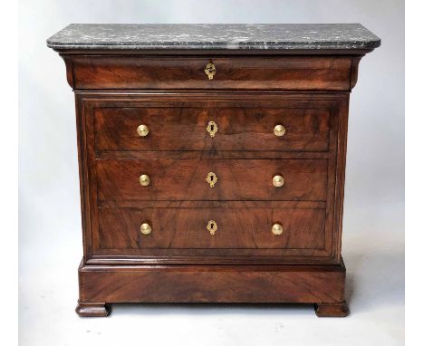HALL COMMODE, 19th century French Louis Philippe burr walnut and gilt metal mounted of shallow proportions with four long dra