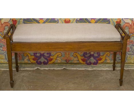 DUET STOOL, Edwardian mahogany and line inlaid with hinged fawn upholstered seat, 112cm W x 39cm D.