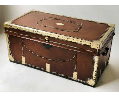 TRUNK, early 19th century camphorwood, coach leather, studded and brass bound with rising lid and carrying handles, 96cm x 58