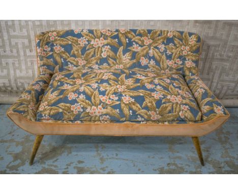 SOFA, circa 1950, sycamore in peach and foliate patterned velvet, 125cm W.