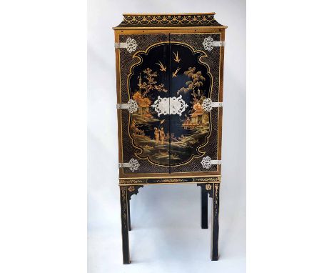 CHINOISERIE CABINET, 18th century style black lacquered and gilt painted and silvered metal mounted with two doors enclosing 