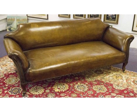 SOFA, early 20th century English tan brown leather upholstered with cabriole supports, 200cm.