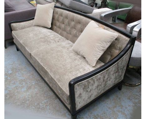 SOFA, two seater, deep button back wood frame plus scatter cushions, 190cm L.