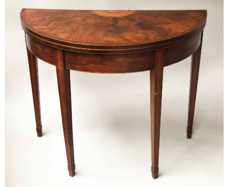 CARD TABLE, George III flame mahogany and boxwood inlaid, the demi lune top veneered with satinwood shell centre and baize li