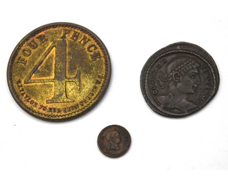 Three various Coins and tokens to include 20th century Four pence token for the Horseshoe inn Tottenham Court Road. Together 