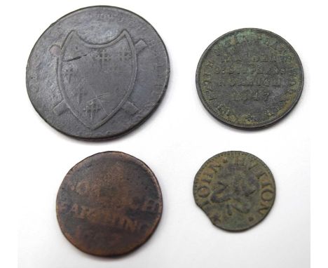 Small Quantity of 4x Norwich shop tokens to include: 1657 Fathing John Hutton Norwich, 1792 Norwich Half Penny 'Bolingbrokes 