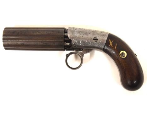 19th century, six shot percussion cap pepperbox revolver in the style of J R Cooper. 8.5cm barrels stamped on end: 85, R- C. 