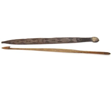 19th century Australian Aboriginal carved wood Woomera spear thrower with carved detail and resin gum to pommel together with