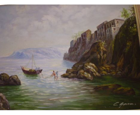 FRAMED WINTER SCENE AND FRAMED SEASCAPE - C. GORDON
