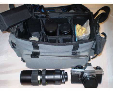 BAG CONTAINING PRAKTICA MTL 5B CAMERA WITH 3 LENSES FLASH AND OTHER ACCESSORIES 