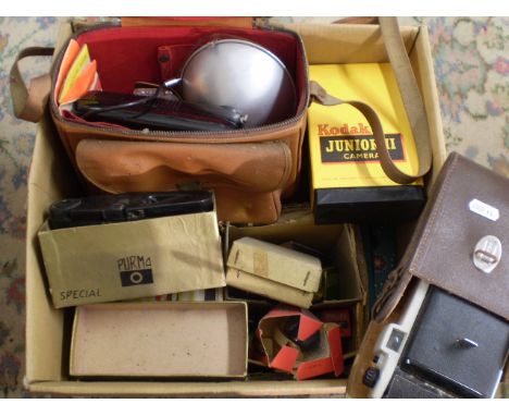 BOX OF VINTAGE CAMERA PARTS INC. KODAK CAMERA AND PURMA CAMERA 