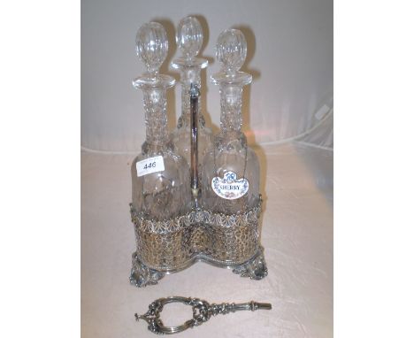 PLATED DECANTER HOLDER WITH 3 GLASS DECANTERS 