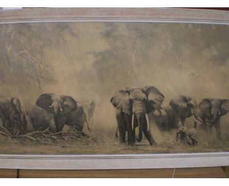FRAMED PRINT AFTER DAVID SHEPHERD TITLED 'ELEPHANTS AT AMBOSELY' (110X60)CM