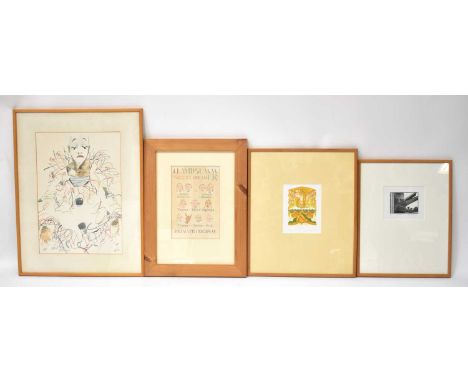 Seven various watercolours and prints relating to the theatre to include a watercolour of characters from 'A Midsummer Night'