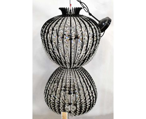 A large contemporary black nickel double bag Bohemian crystal ceiling light with six LED fittings in each of the bulbous sect