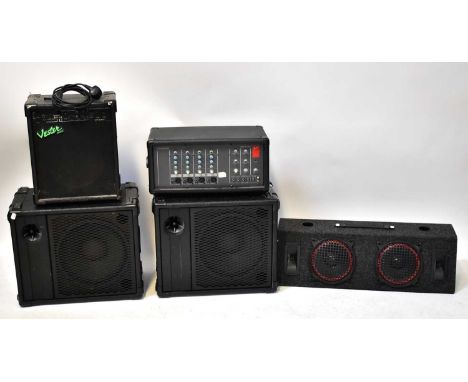 FENDER; an LX-1504 Powered Mixer, a Vester Maniac VM210C amplifier, an MB820 speaker and a pair of speakers, model no. A-112 
