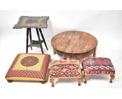 An Indian carved hardwood side table with square top, together with a teak circular low coffee table, and three tapestry upho