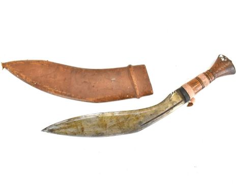 A Kukri with wooden handle and leather scabbard, blade marked 'Tempered Steel, Made in India', length 44cm.