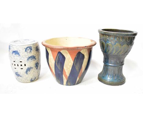 A Chinese blue and white garden stool with pierced motifs painted with koi carp, height 37cm, together with a large ceramic g
