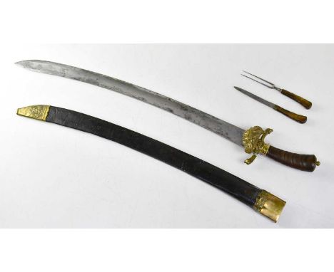 A 19th century German hunting sword, the 23" curved fullered single-edged blade with 7" double-edged tip, gilt brass cross gu