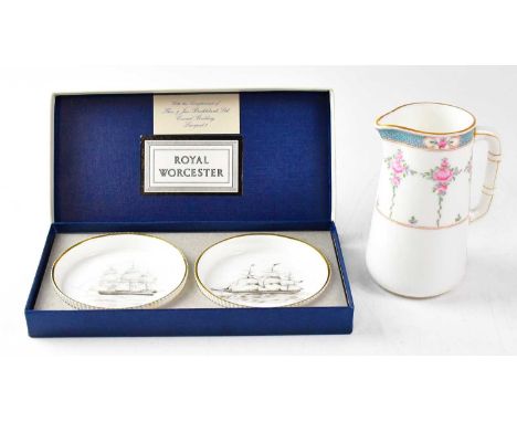 BLUE STAR LINE; a Minton jug, height 12cm, and a boxed pair of Royal Worcester commemorative coasters.