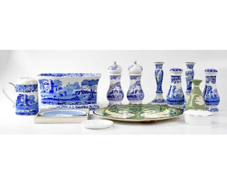 SPODE; a group of 'Italian' pattern blue and white ceramics, comprising a pair of candlesticks, a pair of salt and pepper sha