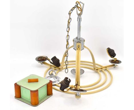 A chrome and plastic Art Deco ceiling lamp, together with a Bakelite Art Deco desk cigarette box, 6.5 x 11 x 11cm (2).  Condi