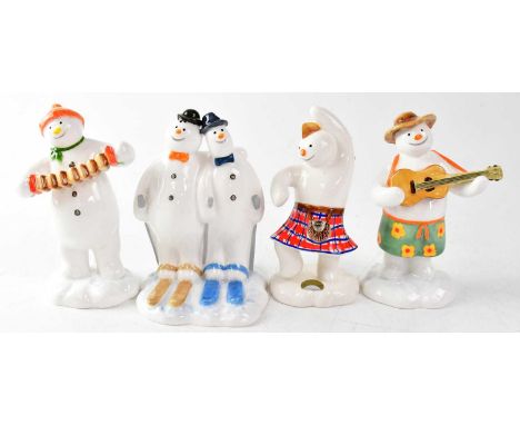 THE SNOWMAN; four John Beswick figures, comprising JBS4 'Snowman in Kilt Jigging', height 12.5cm, dated 2010, JBS10 'Comic Sn