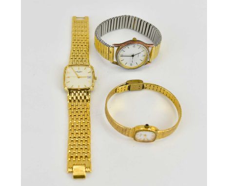 Three gold plated wristwatches comprising a gentlemen's Rotary watch, the white dial with baton numerals and date aperture, o