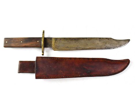 A 19th century Bowie knife with 24.5cm blade, later associated brass cross guard, wooden handle stamped Jas Tod and hand stit