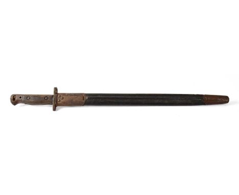 A Lee Enfield 1907 pattern socket bayonet in leather scabbard, blade length 43cm.