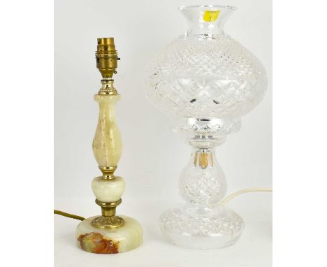 A cut glass mushroom table lamp, 35 x 20cm, together with a single green onyx table lamp (2).Condition Report: This lot is so