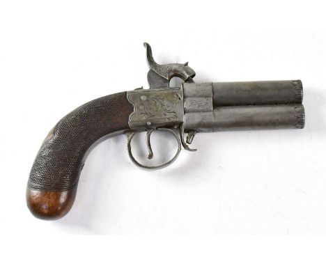 A 19th century 120 bore over/under turnover percussion cap pocket pistol with 2.25" turn-off barrels, muzzle cut for key, box