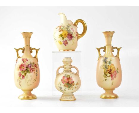 ROYAL WORCESTER; four Blush Ivory pieces, comprising a near pair of 1963 shape twin-handled vases, height of each 21cm, a 103