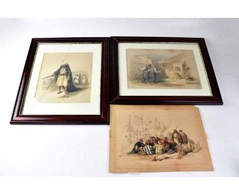 AFTER DAVID ROBERTS RA (1796-1864); a set of seven coloured lithographic prints depicting Eastern scenes and a black and whit