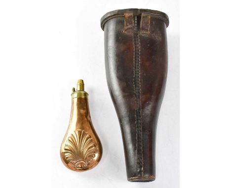 G &amp; J. W. HAWKSLEY; a 19th century brass and copper powder flask with adjustable nozzle stamped with the maker's details,