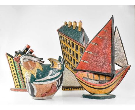 † ANDREW OSBORNE; a ceramic model of a house, together with a model of a ship, a sailing boat and a duck, height of largest 5