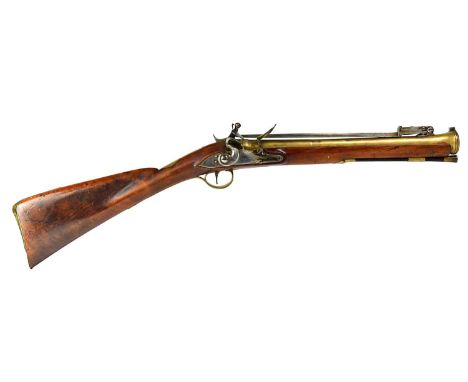 ARCHER, LONDON; an 18th century flintlock blunderbuss, the 14" brass barrel with sprung 11" tri-blade bayonet, lock plate sta
