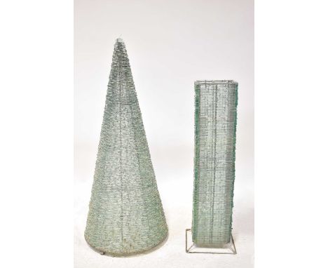 An unusual conical floor standing light fitting constructed of wire bound sections of rough cut glass, height 100cm, also a s