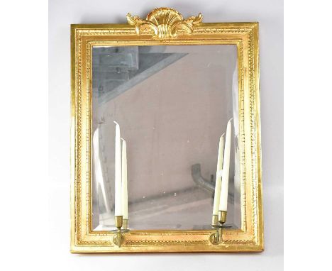 A Georgian-style gilt framed wall mirror with a pair of attached candle sconces with shell surmounts, 72 x 55cm, together wit